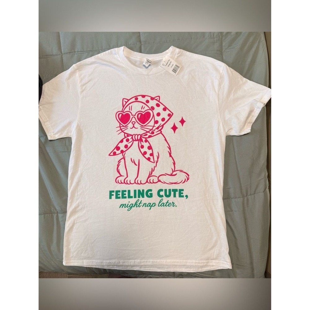 Brisco Brands Feeling Cute Might Nap Later Cat Graphic T-Shirt L NWT - Picture 2 of 4